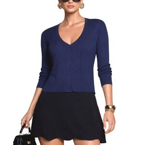 City Chic Preppy Navy Blue Pointelle Knit Button Front‎ Cardigan 3/4 Sleeve M